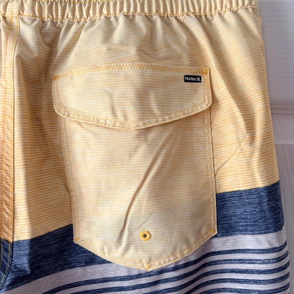 Hurley Mens Large Striped Board Shorts Yellow Blue Grey Elastic Waist Swim Trunk